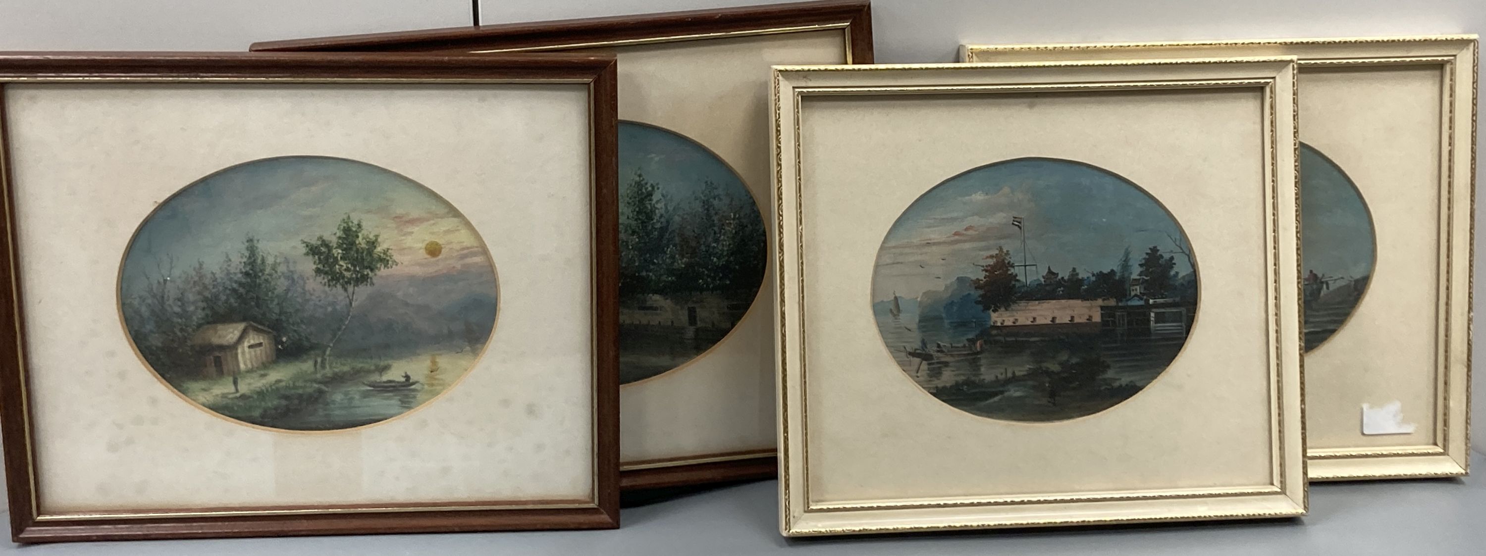 Late 19th century Chinese School, two pairs of gouaches, Waterside forts, Junk at sea, and garden scene, 12 x 16.5cm & 12 x 15cm